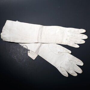 White Kid Leather Gauntlet Gloves Sz 6.5 Vintage 1950 13.5"